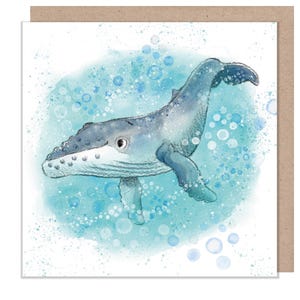 Carte vierge - Carte de voeux de qualité - Illustration de baleine et de bulles - Gamme « by the Seashore » - fabriquée au Royaume-Uni - SEA012