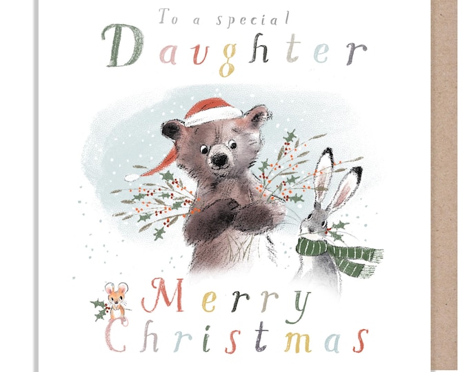 Daughter Christmas Card, 'the Bear, the Hare, and the Mouse', Cute heart warming  Bear Illustration, made in UK, BHMX023