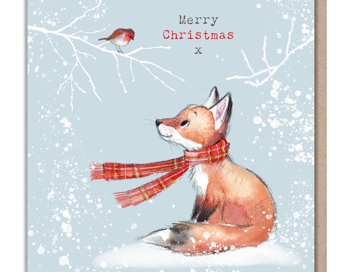 Quality Christmas Card - Fox and Robin illustration - Merry christmas - 'Bucklebury wood' range- Made in UK -  BWX010