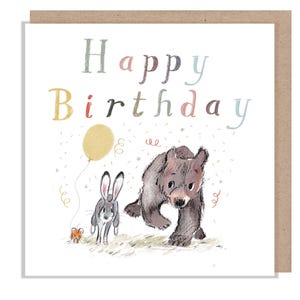 Carte d'anniversaire, carte de voeux de qualité, « l'ours, le lièvre et la souris », illustrations réconfortantes, fabriquée au Royaume-Uni, sans plastique, BHME026