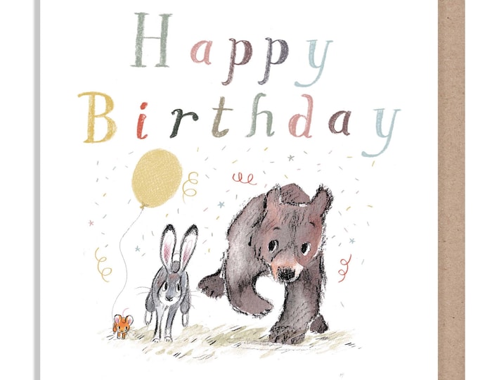 Birthday Card, Quality Greeting Card, 'the Bear, the Hare, and the Mouse', heart warming Illustrations, made in UK, no plastic,BHME026