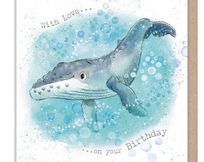 Birthday Card- Quality greeting Card - Whale and bubbles illustration - 'by the Seashore' range - made in UK  - SEA09