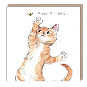 Carte d'anniversaire de chat - Carte de voeux de qualité - Charmante illustration - Gamme « Pawsitively Purrect » - Chat avec abeille - Fabriqué au Royaume-Uni - EPP04