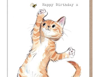 Cat Birthday Card - Quality Greeting Card - Charming illustration - 'Pawsitively Purrect' range - Cat with Bee - Made in UK - EPP04