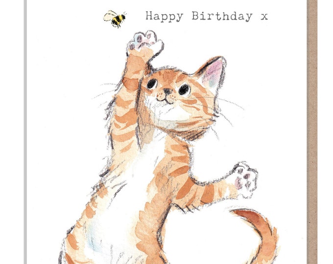 Cat Birthday Card - Quality Greeting Card - Charming illustration - 'Pawsitively Purrect' range - Cat with Bee - Made in UK - EPP04