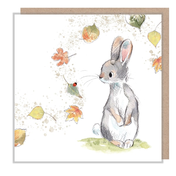 Rabbit Card - Quality Blank Greeting Card - Charming illustration - Rabbit with leave 'Bucklebury Wood'  range - Made in UK -  BWE014