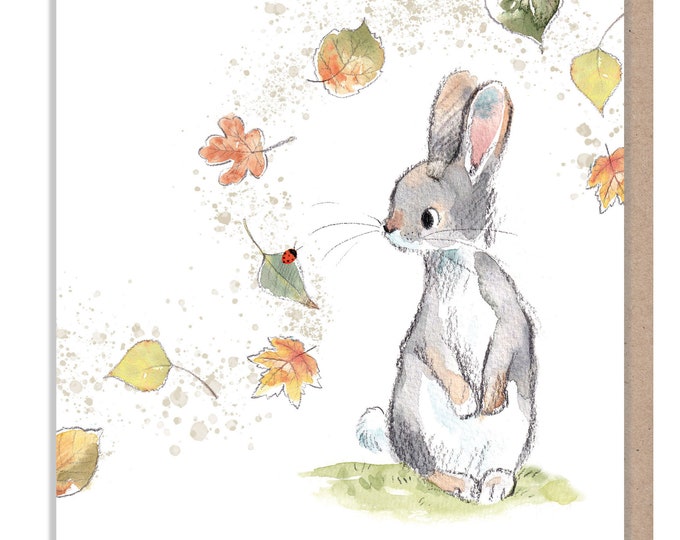 Rabbit Card - Quality Blank Greeting Card - Charming illustration - Rabbit with leave 'Bucklebury Wood'  range - Made in UK -  BWE014