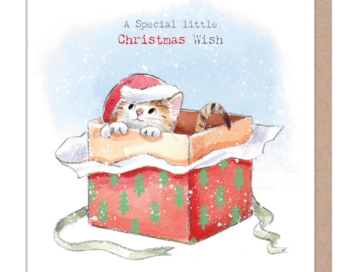 Quality Christmas Card - Christmas Wish - Charming Cat illustration - 'Pawsitively Purrect' range - Kitten in a gift box- Made in UK -XPP014