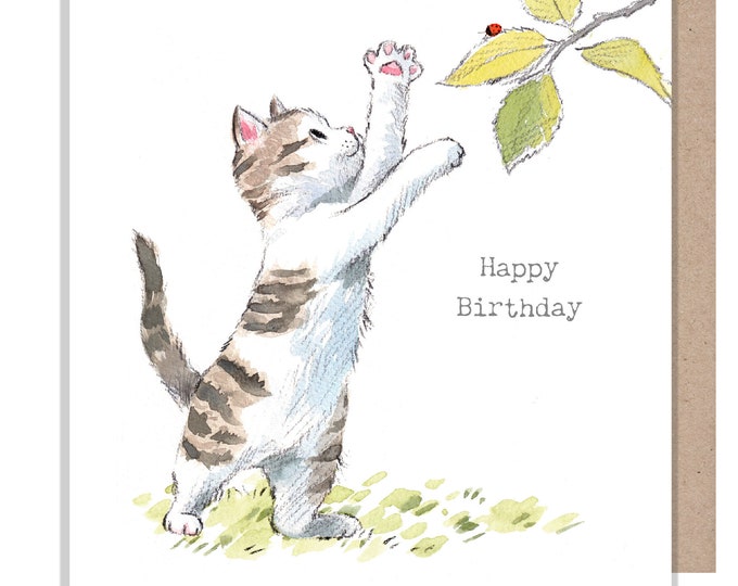 Cat Birthday Card - Quality Greeting Card - Charming illustration - 'Pawsitively Purrect' range - Cat with leaves - Made in UK-EPP019