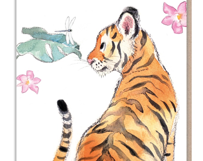 Blank Card - Charming illustration - Tiger and dragonfly - 'Wonderfully Wild'  range - Made in UK -  WWE013
