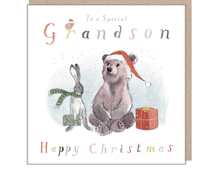 Grandson Christmas Card, 'the Bear, the Hare, and the Mouse', Cute heart warming Bear Illustration,  made in UK, BHMX011