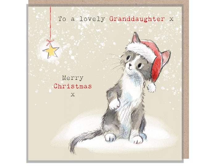 Granddaughter Christmas Card - Charming Cat illustration - 'Pawsitively Purrect' range  - Made in UK - XPP05