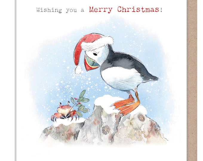Puffin Christmas Card - Merry Christmas - Puffin and Crab illustration - 'by the Seashore' range - made in UK  - SEAX01