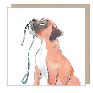 Carte vierge - Carte de voeux de qualité - Illustration de chien charmant - Gamme « Absolument aboyant » - Boxer avec laisse - Fabriqué au Royaume-Uni - ABE061