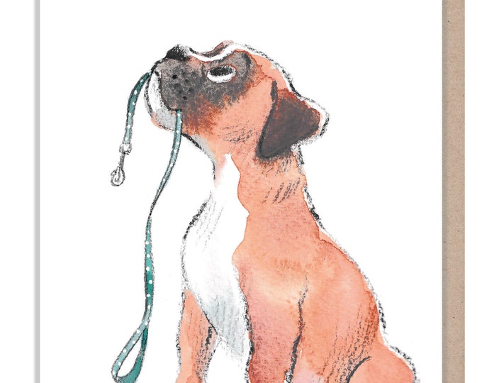 Blank Card - Quality Greeting Card - Charming Dog illustration - 'Absolutely barking' range - Boxer with lead - Made in UK - ABE061