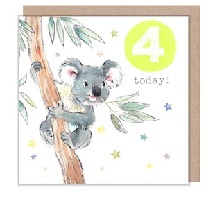 Cartão de aniversário de 4 anos - Ilustração encantadora - Koala, linha 'Party Time' - Fabricado no Reino Unido - PTAGE04