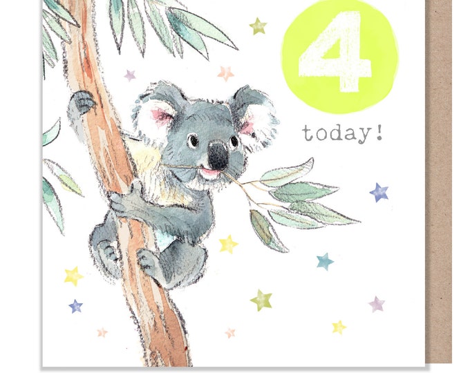 AGE 4 Birthday Card -  Charming illustration - Koala,  'Party Time'  range - Made in UK -  PTAGE04