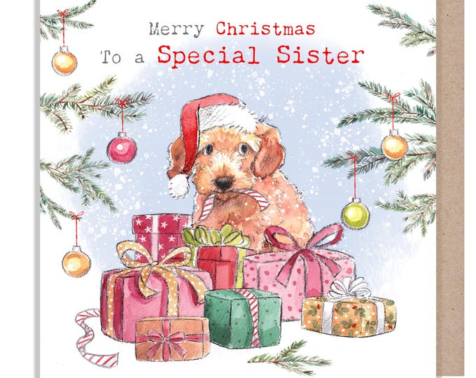Sister Christmas Card - Quality Christmas Card - 150 x 150mm -  Charming Dog illustration - 'Absolutely barking' range - Made in UK - ABX132