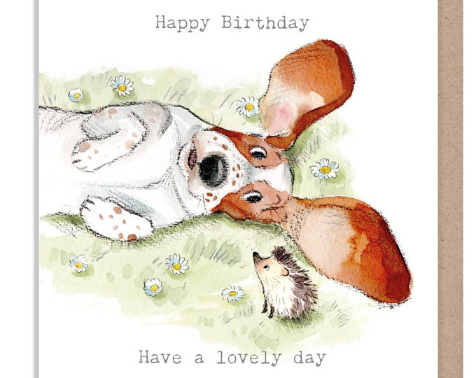 Birthday Card - Charming Dog illustration - 'Absolutely barking' range -Basset Hound and Hedgehog - Made in UK - ABE098