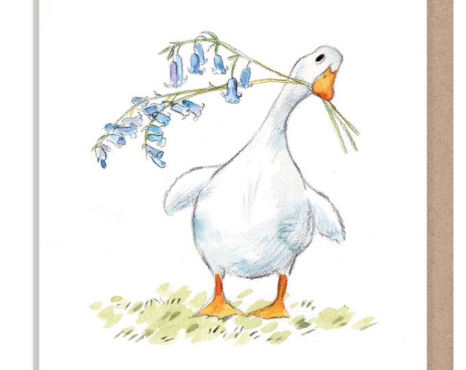 Blank Card -White Duck  - Quality Greeting Card - Duck and bluebell  illustration - 'Down by the river'  range - Made in UK -  RIV015