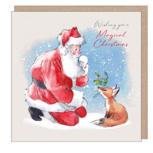 Carte de Noël de qualité - Noël magique - 150 x 150 mm - Charmante illustration du père Noël et du renard - Gamme « Wintery Tails » - Fabriquée au Royaume-Uni - WT01