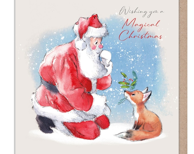 Quality Christmas Card -Magical Christmas - 150 x 150mm - Charming Santa and Fox  illustration - 'Wintery Tails'  range - Made in UK -  WT01