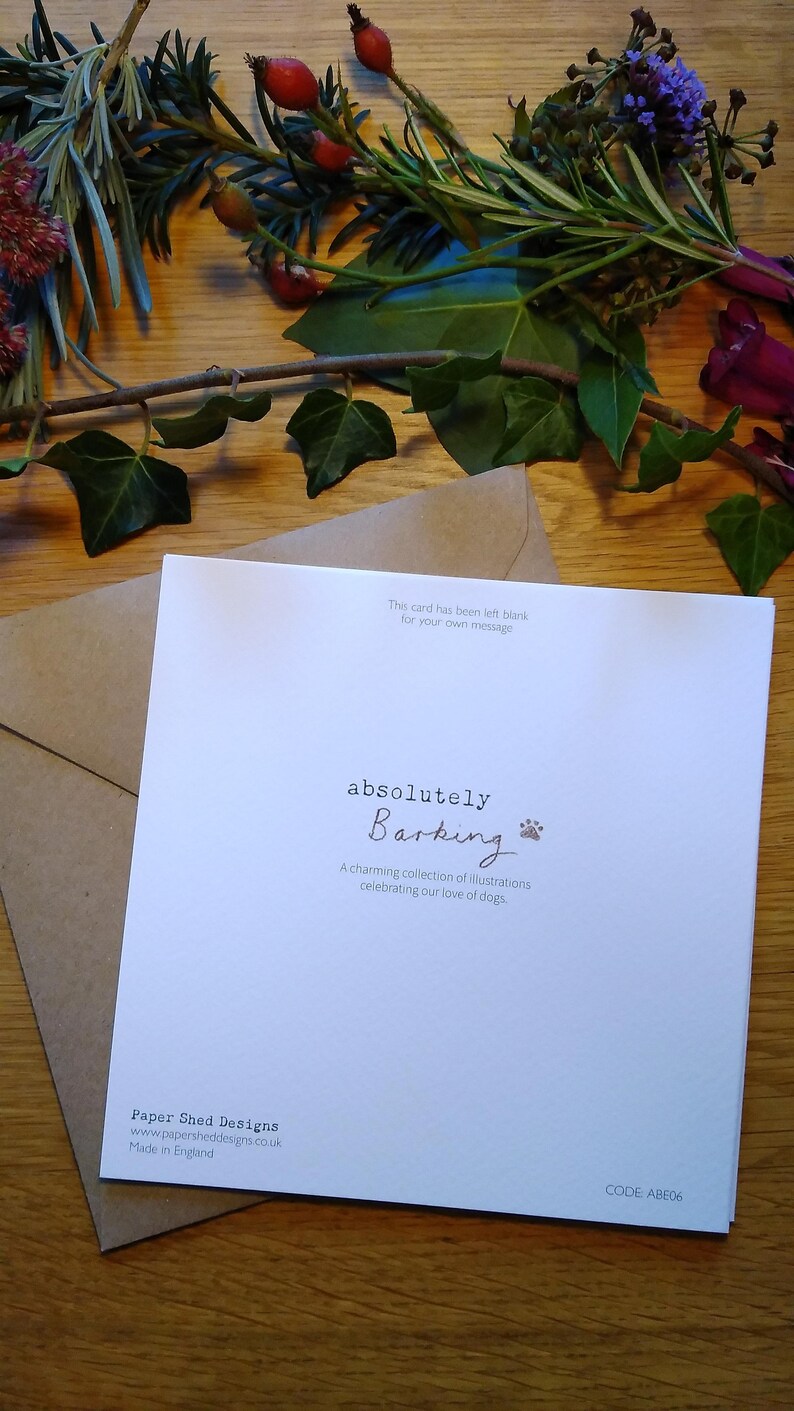 May include: A white card with the text "absolutely Barking" in black lettering. The card has a paw print icon and the text "A charming collection of illustrations celebrating our love of dogs." The card also has the text "Paper Shed Designs" and "www.papersheddesigns.co.uk" in black lettering. The card has the text "Made in England" and "CODE ABE06" in black lettering.