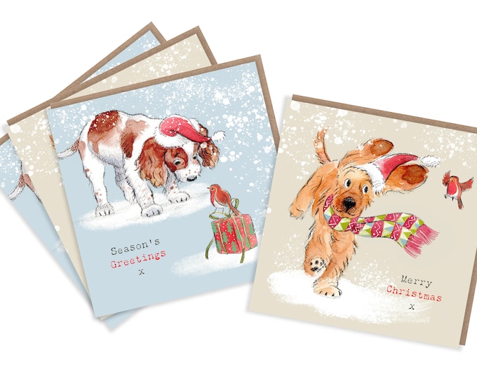 4  Quality Christmas Cards  - 2 design - 4 cards  - Charming Dog illustrations - Springer Spaniel and Cocker spaniel designs - made in UK