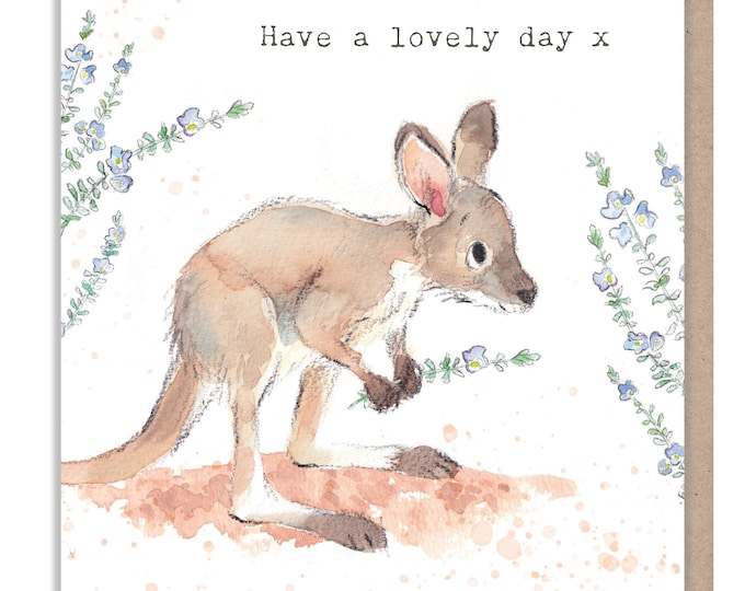 Kangaroo Greeting Card - Have a lovely day - Charming illustration -Kangaroo with foliage - 'Wonderfully Wild'  range - Made in UK -  WWE010