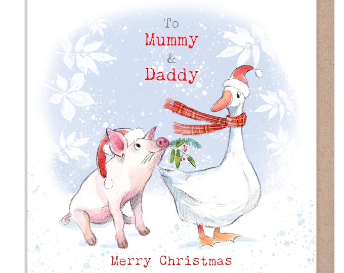 Mummy & Daddy Christmas card - Charming illustration - 'Buttercup Farm' range - Pig and Goose- Made in UK -  BFX011