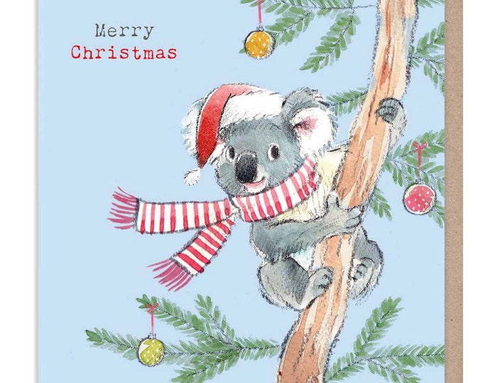 Koala Christmas Card - Merry Christmas -  Charming illustration - Koala in tree - 'Wonderfully Wild'  range - Made in UK -  WWX019