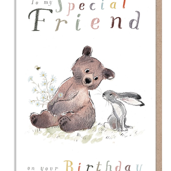 Special Friend Birthday, Quality Greeting Card, 'the Bear, the Hare, and the Mouse', heart warming Illustrations, made in UK, BHME04