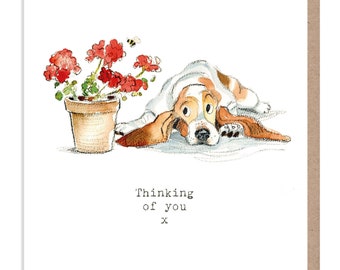 Dog Thinking of you Card - Biglietto di auguri di qualità - Illustrazione affascinante - Gamma 'Assolutamente abbaiante' - Basset hound - Made in UK - ABE02