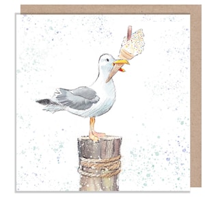 Carte vierge - Carte de voeux de qualité - Mouette avec illustration de crème glacée - Gamme « by the Seashore » - fabriquée au Royaume-Uni - SEA011