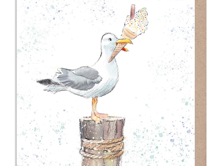 Blank Card - Quality greeting Card - Seagull with ice cream illustration - 'by the Seashore' range - made in UK  - SEA011