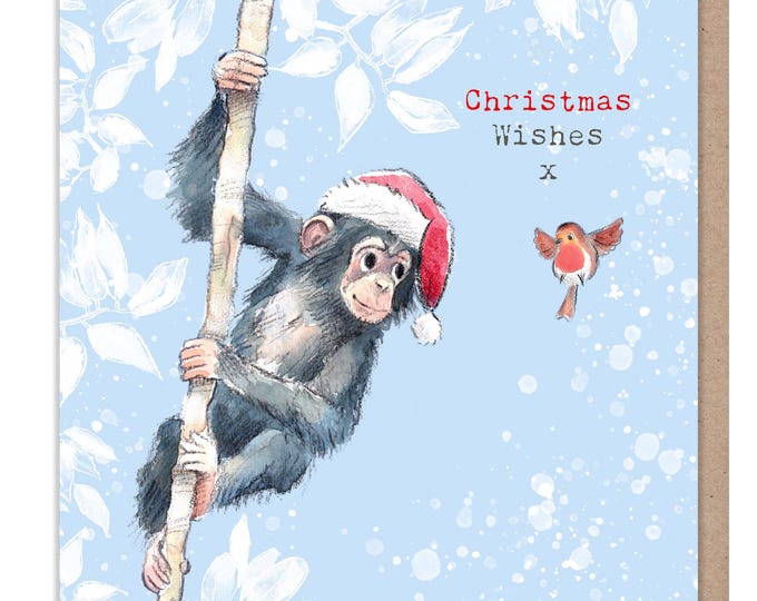 Quality Christmas Card - 150 x 150mm - Charming Chimpanzee illustration - 'Wonderfully Wild'  range - Made in UK -  WWX020