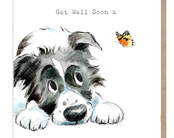 Get well Soon - Quality Greeting Card - Charming Dog illustration - 'Absolutely barking' range -  Border Collie - Made in UK -  ABE022