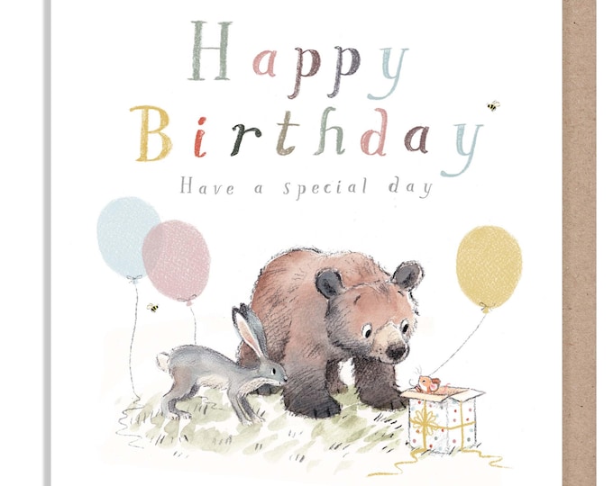 Birthday Card, Quality Greeting Card, 'the Bear, the Hare, and the Mouse', heart warming Illustrations, made in UK, no plastic,BHME024