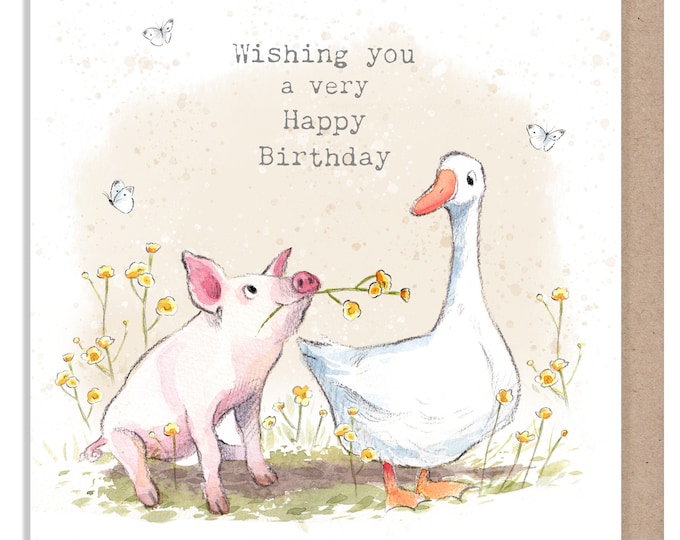 Birthday Card - Quality Greeting Card - Charming illustration - 'Buttercup Farm' range - Pig and Goose- Made in UK -  BF01