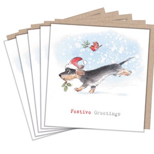 Kerstkaartenpakket - 5 kleine kwaliteitskaarten met bruine gerecyclede enveloppen - 125 x 125 mm - één ontwerp - Running Puppy - XPACK02