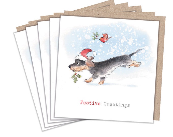 Christmas Card pack - 5 small quality cards with brown recycled envelopes -125 x 125mm-  one design - Running Puppy -  XPACK02