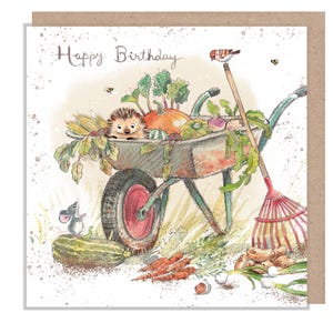 Tarjeta de cumpleaños - Tarjeta de calidad - Ilustración encantadora - Erizo en carretilla - Colección 'Morris y Maude' - Fabricada en el Reino Unido - MME010
