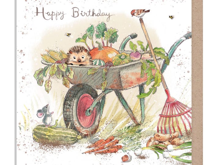 Birthday Card - Quality Card - Charming illustration - Hedgehog in Wheel Barrow - 'Morris and Maude' range - Made in UK -  MME010
