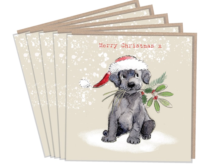 5 Quality Christmas Cards - 1 design 5 Cards  - Christmas Card pack - dog cards - Charming illustration - Black Labrador - Made in UK