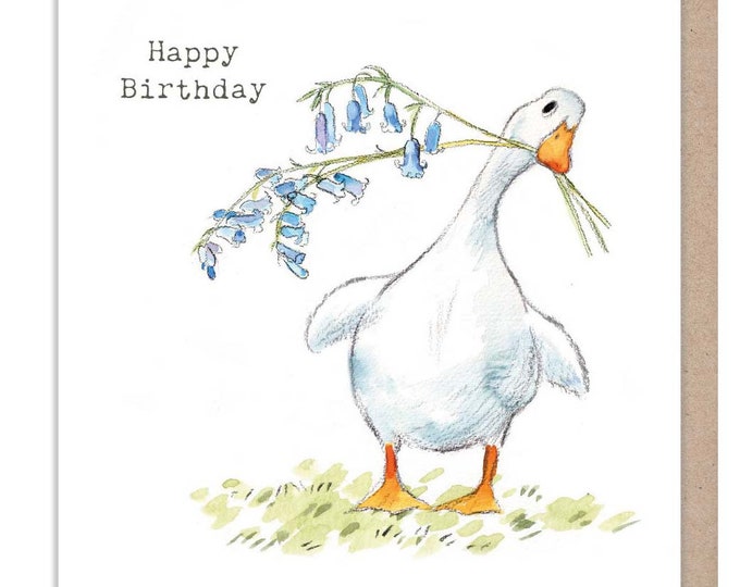 White Duck - Happy Birthday - Quality Greeting Card - Duck and bluebell  illustration - 'Down by the river'  range - Made in UK -  RIV01