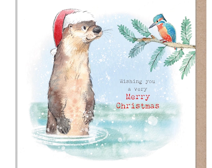 Quality Christmas Card- Merry Christmas - Otter and Kingfisher Illustration - 'Down by the river' range - Made in UK -  RIVX03