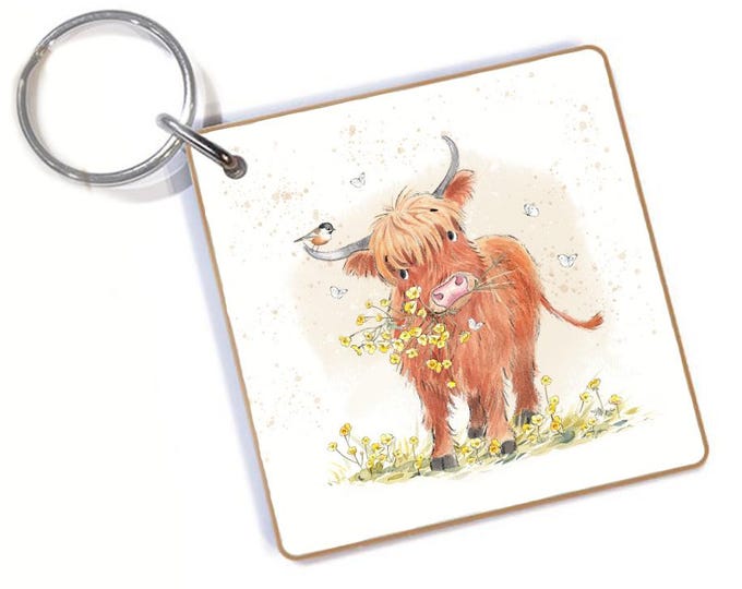 Quality Keyring - Highland Cow design - double sided - MDF-  Made in the UK  - KR010