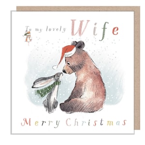 Weihnachtskarte mit Frau, 'der Bär, der Hase, und die Maus', süße herzerwärmende Bärn-Illustration für meine liebe Frau, hergestellt in Großbritannien, BHMX013