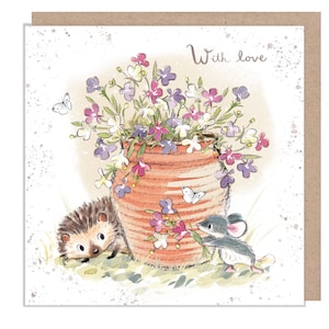 Carte With Love - Carte de qualité - Charmante illustration - Hérisson et souris avec lobélie en pot Gamme « Morris et Maude » Fabriqué au Royaume-Uni - MME012
