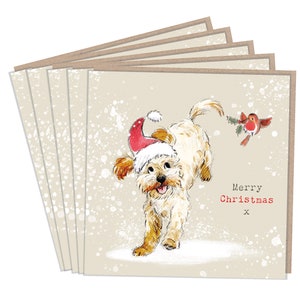 5 cartes de Noël de qualité - 1 design 5 cartes - Pack de cartes de Noël - cartes pour chiens - Illustration Cockaoo / Labradoodle - Fabriqué au Royaume-Uni - sans plastique